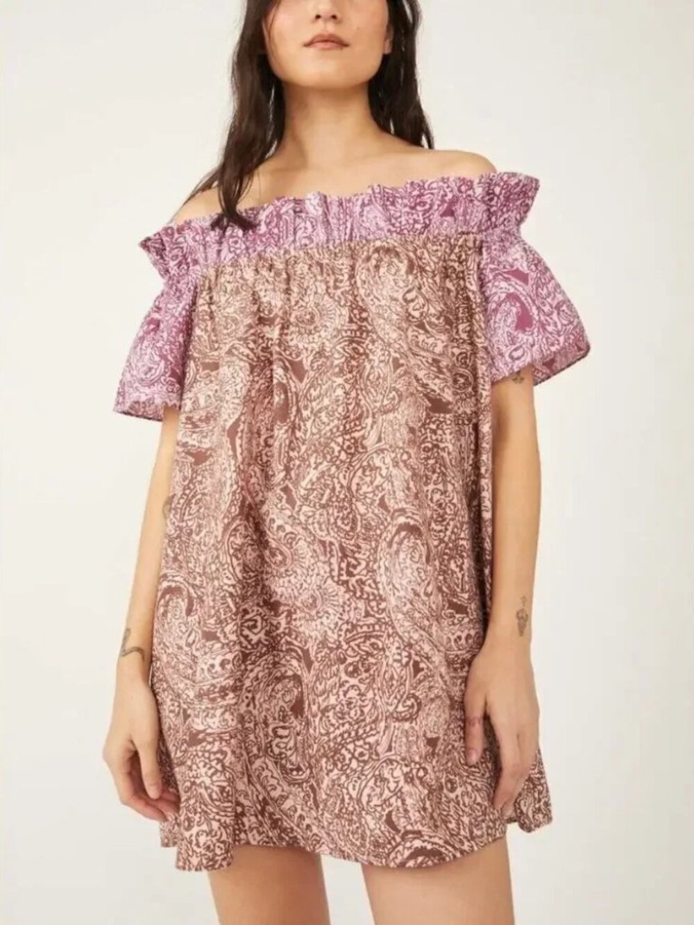Free People Dress Womens Sophie Printed Off The Shoulder Cotton Mini sz Small
